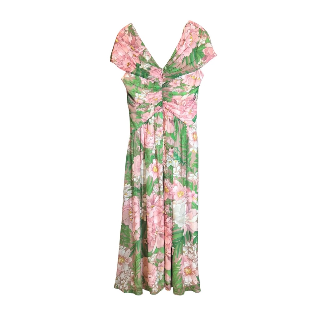 Tadashi Shoji Floral Print Ruched Twist Front Midi Dress Pink Green Womens 10 - Picture 3 of 7